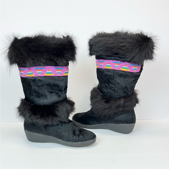 Tecnica Fur Boots Womens US 6.5 Euro 37 Black Eskimo Aztec Ski Made in Italy - Picture 5 of 13